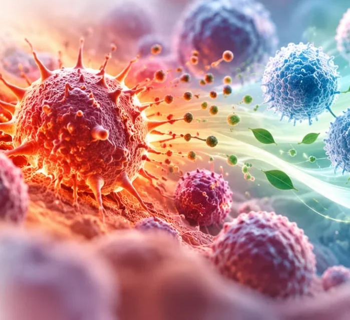 An inflamed cell giving way to calm, healthy cells