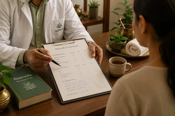 Ayurvedic doctor reviewing a patient's progress during follow-up