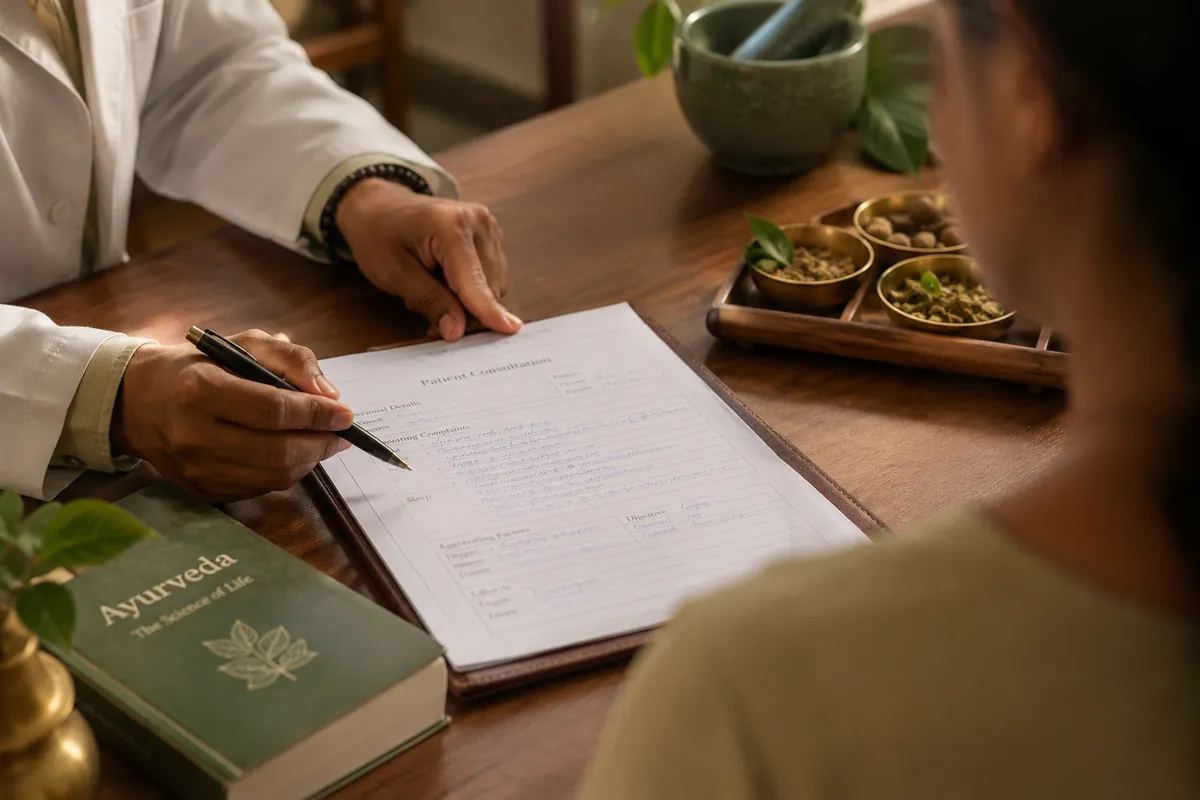 Ayurvedic doctor reviewing a patient's case notes during a migraine consultation