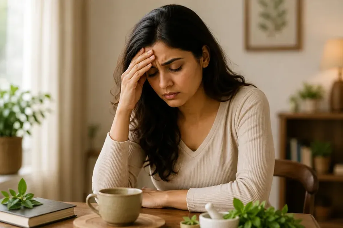 Woman sitting at a table holding her head during a migraine