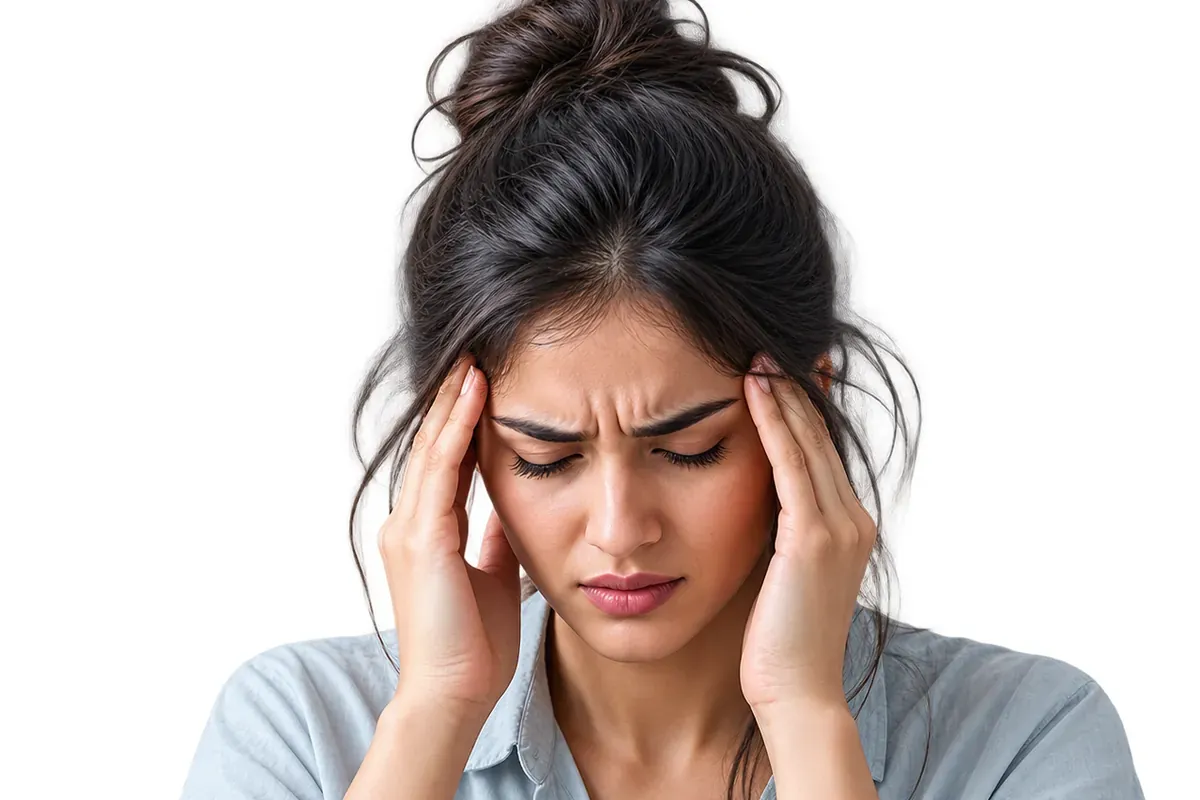 Woman pressing her temples with both hands because of a headache