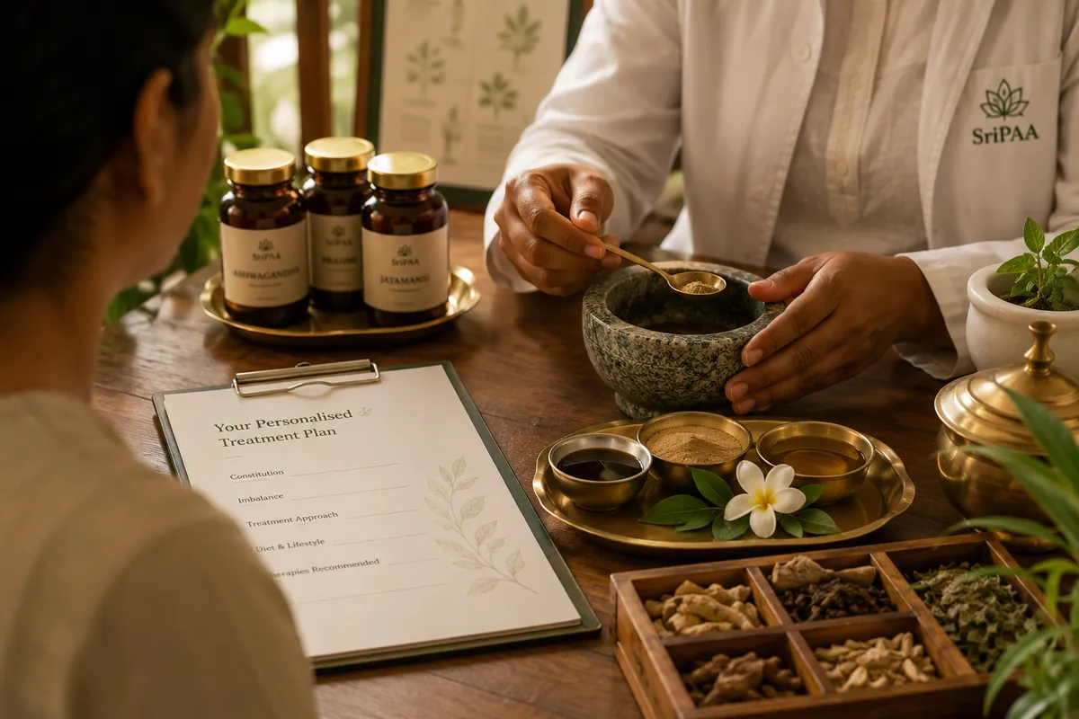 Ayurvedic doctor explaining herbal preparations to a patient